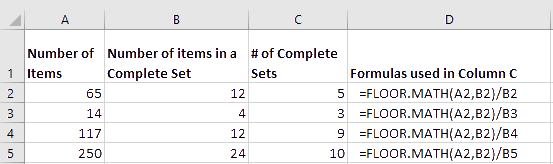 Excel FLOOR.MATH computes complete sets