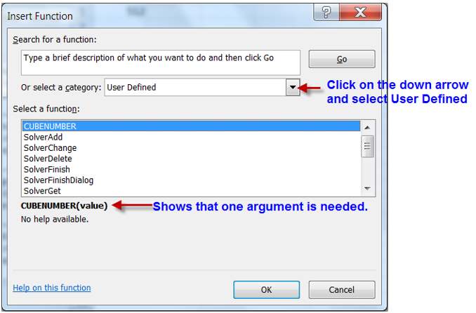 Insert Function dialog box for UDF function