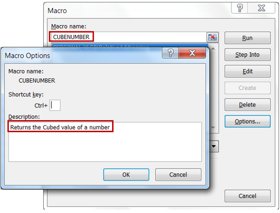 Excel Macro Options dialog box