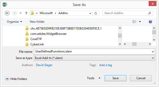 Excel Save User Defined Function