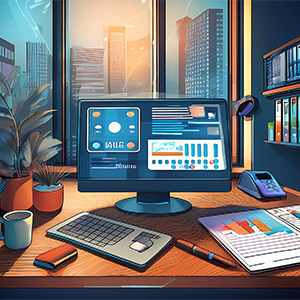 Office overlooking city. Office and Accounting software on computer. Notes on desk. Shelves of software.