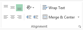 Excel Alignment Group ribbon showing all formatting buttons and options