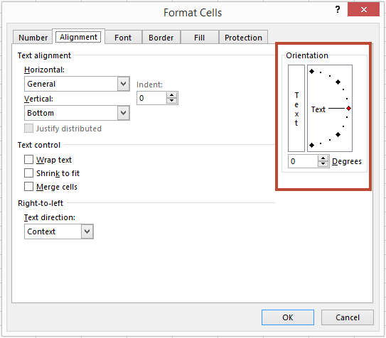 Excel Format Cells dialog showing text orientation controls and angle settings