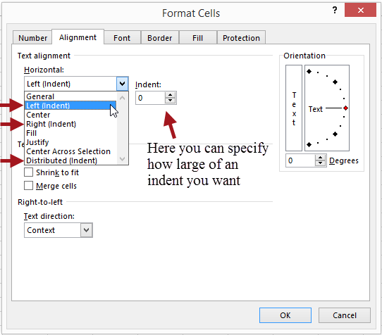 Excel Format Cells dialog showing horizontal alignment and indent options