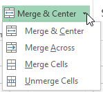 Excel Merge and Center dropdown menu showing all merge options