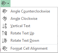 Excel text orientation dropdown menu showing various rotation angles