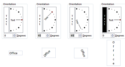 Examples of different text orientations in Excel cells showing various rotation angles