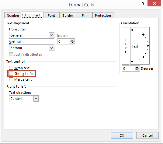 Excel Format Cells dialog showing Shrink to Fit checkbox option