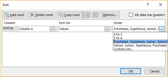 Sort order options showing forward and reverse