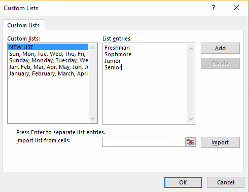Excel custom sort list dialog box showing how to create new sort lists