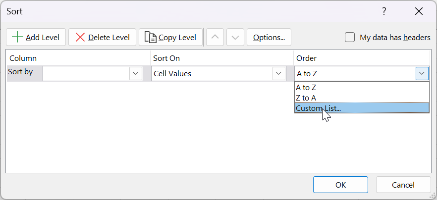 Sort dialog with Custom List option selected