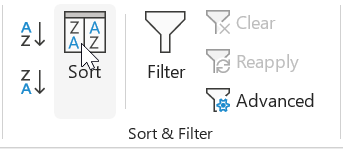 Excel sort button for custom list sorting. Data tab ribbon showing Sort button location