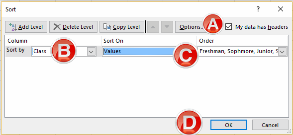 Sort dialog box with all configuration options completed