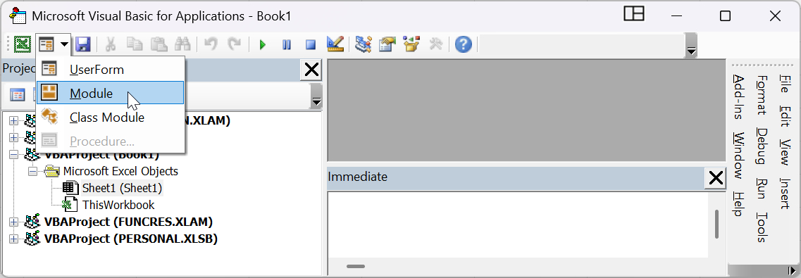 Creating a module to enter VBA code