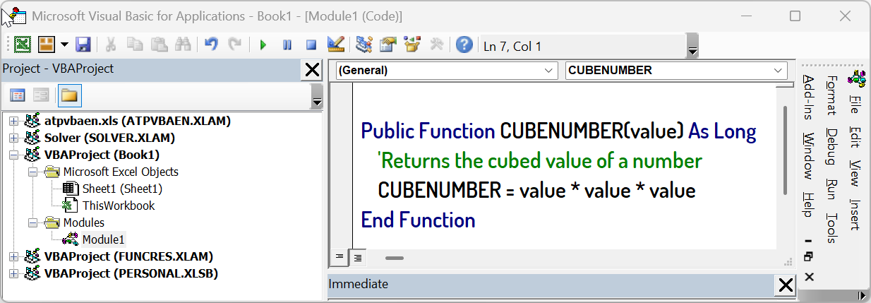 VBA code to create a User Defined Function (UDF) that creates a cubed number.